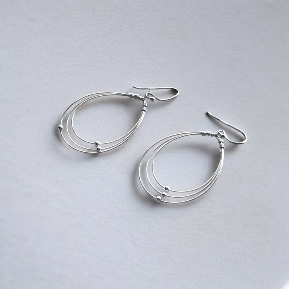 Sterling Silver 3 Wire Beaded Teardrop Dangle Earrings